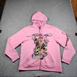 Ed Hardy Mens Pink New York City Skull Eagle Tattoo Graphic Zip Up Hoodie L